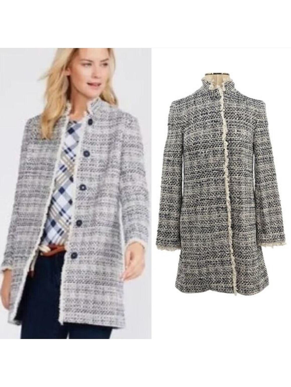 J McLaughlin Tweed Coat Blazer Womens S Nvy Blue Wht Long Fringe Longline Jacket